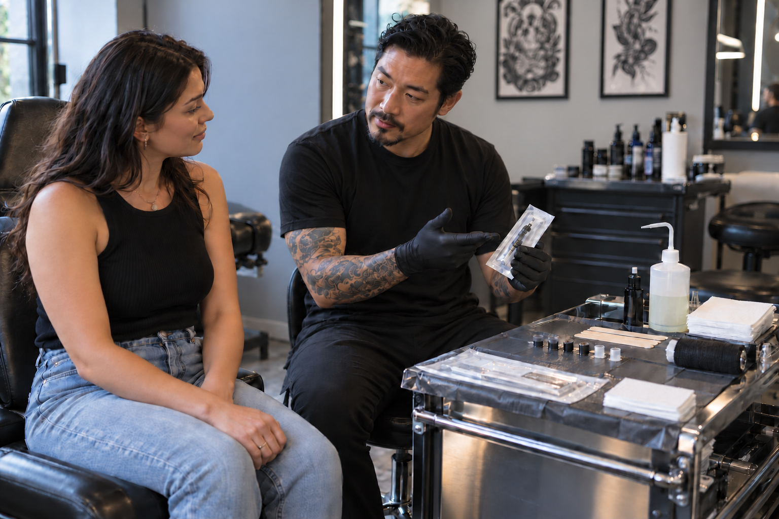 Body art practitioner explaining an organized, safety-focused workstation to a client before a procedure.